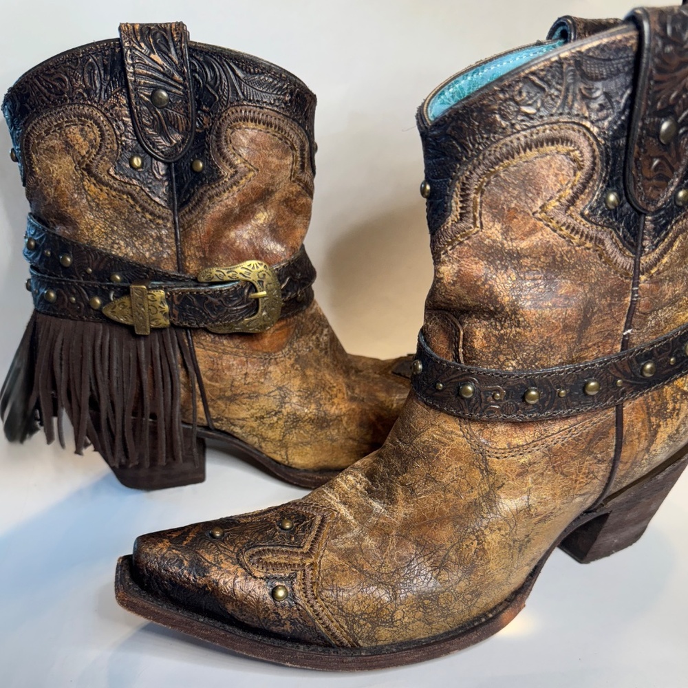 Brown Crackle Leather Fringe Buckle Western Boots EUC